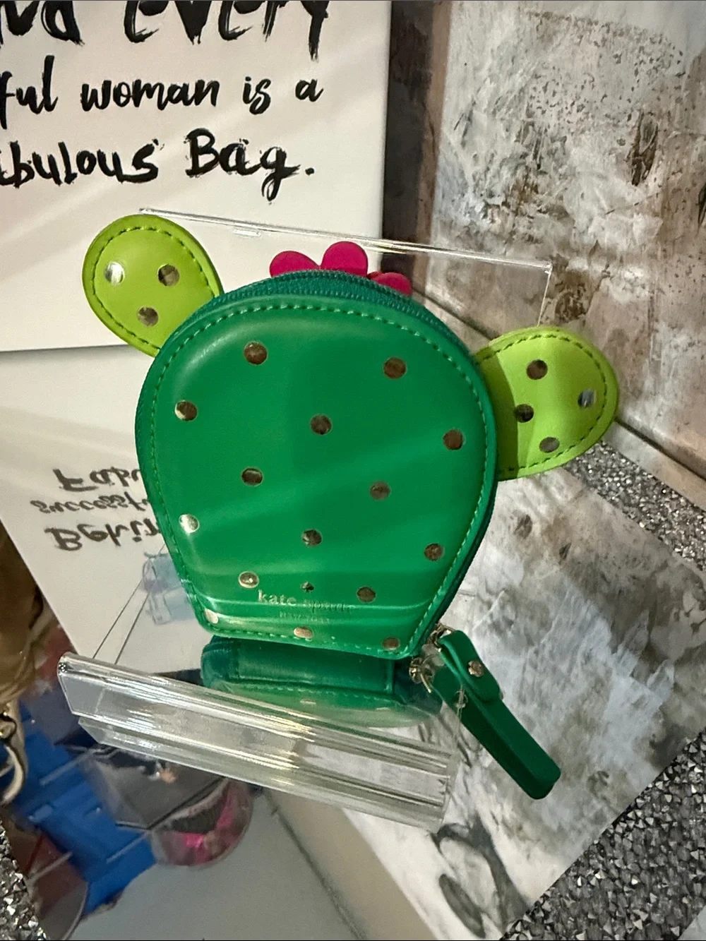 kate spade Green Cactus Coin Pouch with Pink Flower